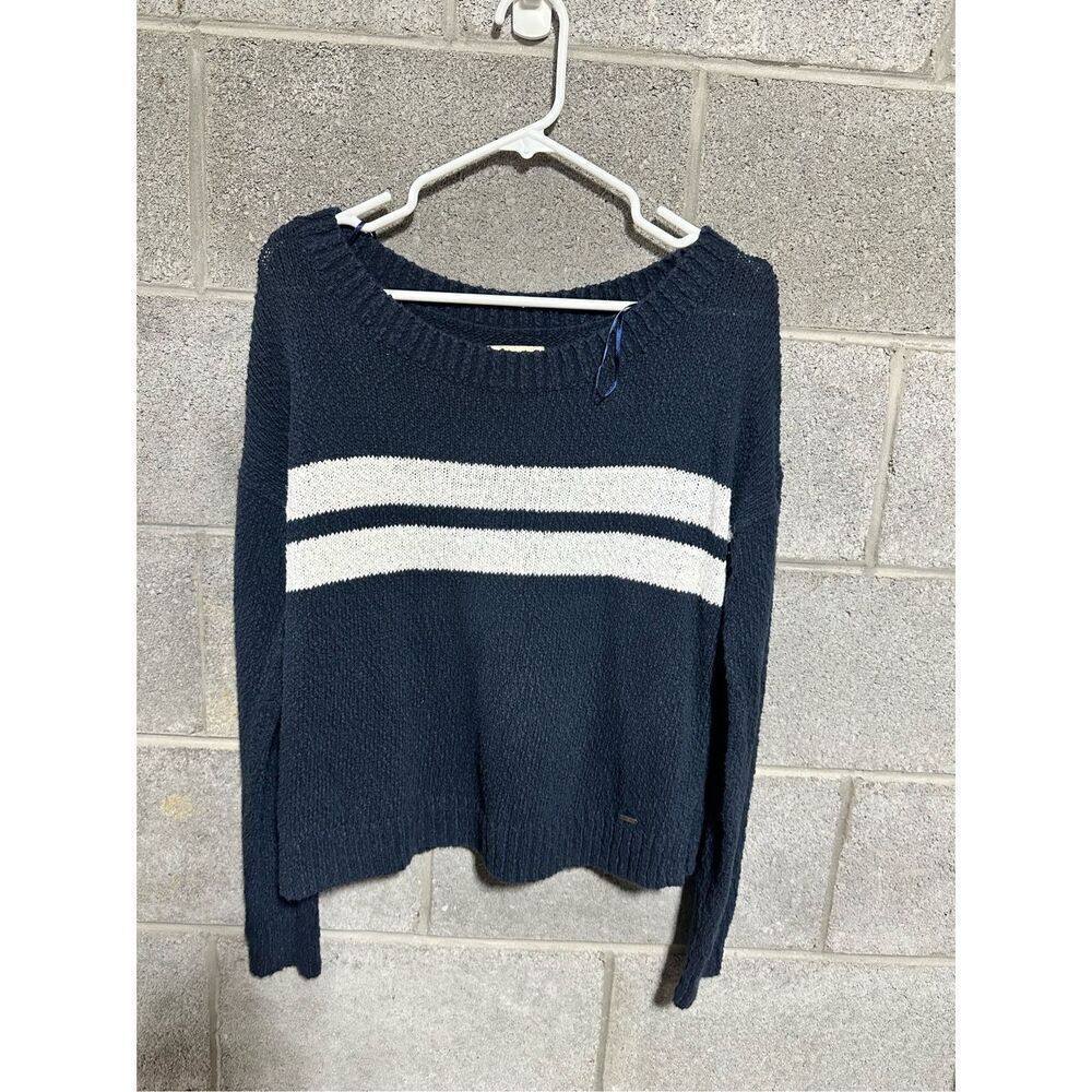 Hollister Pullover Sweater with White Stripes Women Knit Jumper Blue Medium